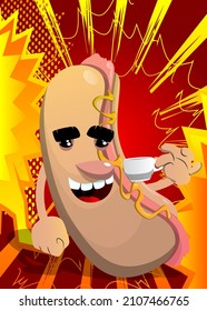 Hot Dog drinking coffee. American fast food as a cartoon character with face. Taking a break, relaxing.
