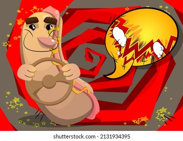 Hot Dog driving, holding a steering wheel. American fast food as a cartoon character with face.