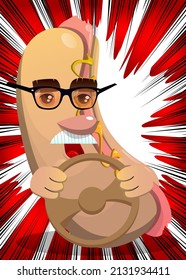 Hot Dog driving, holding a steering wheel. American fast food as a cartoon character with face.