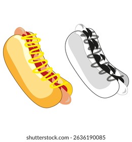 Hot dog duo. Color and monochrome. Fast food vector. Tasty snack pair.