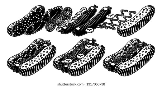 Hot Dog and element food icon set. Cartoon hand draw set of Hot Dog isoleted on white. Fast food element food icons for web design, menu, game