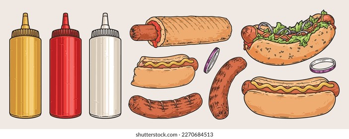 Emblemas de perro caliente conjunto colorido con sándwich de salchicha entera o mordida y botellas para la mayonesa o la salsa de mostaza ilustración vectorial