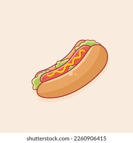 Hot dog. Fast food hot dog filled with sausage, lettuce, cheese mayonnaise topping. Designed in cartoon flat style. Can be printed for a food menu book. Business culinary concept.