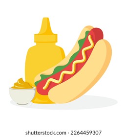Hot dog or fast food flat style icon. Mustard Bottle  vector illustration.
