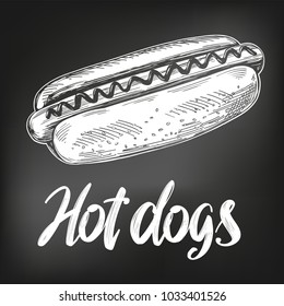 hot dog fast food, hand drawn vector illustration sketch. chalk menu. retro style