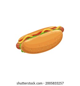 Hot dog, fast food menu icon, sandwich snack and street food sausage meals, vector isolated. Fastfood restaurant bistro delivery and takeaway hot dog with ketchup and mustard sauce