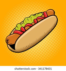 Hot dog fast food pop art style vector illustration. Comic book style imitation