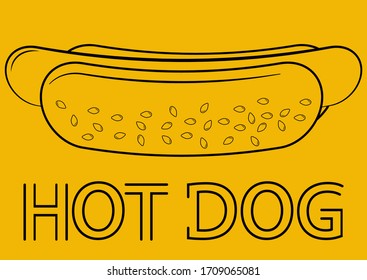Hot dog. Fast food for poster, menus, brochure, sign boards, showcases, web and icon street food. Hot dog in outline style, isolated on yellow background. Vector