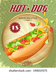 Hot Dog. Fast Food. Poster in vintage style. Vector illustration. 