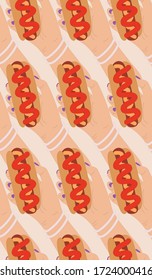 Hot dog fast food related seamless pattern. Geometric layout. Woman's hand holding hot dog. Cartoon style. Street food concept. Modern hand drawn vector stock illustration. 