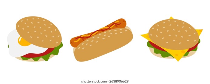 Hot dog Fast Food Sandwiches with Fried Egg Chees Fast food Sticker Icon Logo Themes element Bundle
