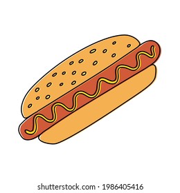 Hot dog. Fast food sketch. Cartoon color illustration. Unhealthy meal. Vector hand drawn icon for restaurant menu