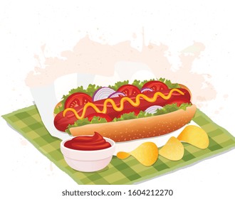 Hot dog  fast food vector illustration with tomato sauce and potato chips