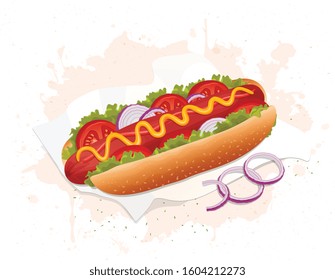 Hot dog fast food vector illustration with onions rings on white background