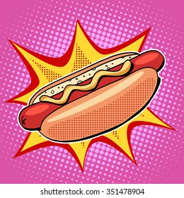 Hot dog fast food vector pop art retro style. Restaurants and street food. Sausage in the bun with mustard. Healthy and unhealthy food. Menu comic style