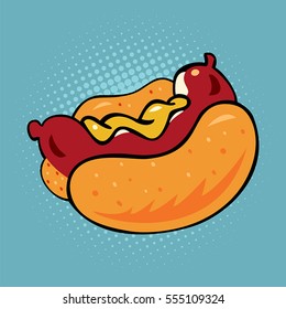 Hot dog fast food vector pop art retro style. Restaurants and street food. Sausage in the bun with mustard. Menu comic style