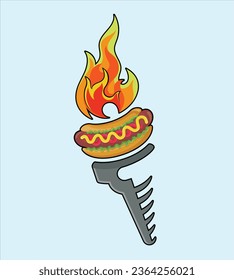 Hot dog with flaming torch. Logo for a fast food restaurant that serves hot dogs, simple logo with a burning fire with a torch.  Unique and torch meaning hot dogs can make you full and increase energy