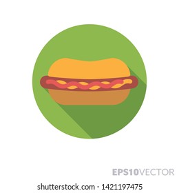 Hot dog flat design round icon. Color symbol of fast food and junk food. Long shadow vector illustration in a circle isolated on white background.