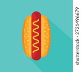 Hot Dog Flat Icon with Mustard and Long Shadow