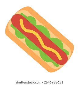 Ícone plano de cachorro-quente, ilustração vetorial de cachorro-quente, ícone plano de fast food, clipart de cachorro-quente, desenho animado de cachorro-quente, ícone de junk food
