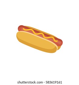 Hot dog flat illustration, bread with sausage isolated on the white background