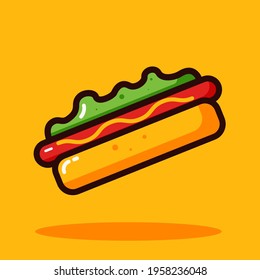 Hot dog flat vector illustration. Hot Dog vector for restaurant, dinner and italian menu. Bright colorful Sandvich on yellow background with vibrant and bright colors. Hot dog logo template