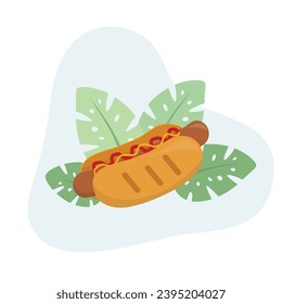 Perro caliente, vector plano Icono de ilustración decorado con hojas para uso web para sacar comida, comida, comida rápida, lista para comer.