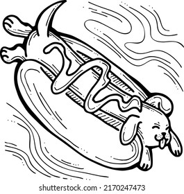 Hot dog food with real funny dog, ketchup and mayonnaise and mustard. Dachshund laying on bread with souses.  Best party meal and junk snack to go. Hand drawn cartoon comic style vector illustration. 