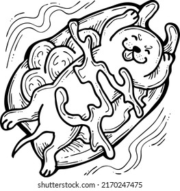Hot dog food with real funny dog, ketchup and mayonnaise and mustard. Dachshund laying on bread with souses.  Best party meal and junk snack to go. Hand drawn cartoon comic style vector illustration. 