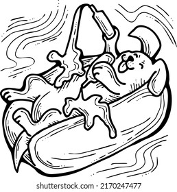 Hot dog food with real funny dog, ketchup and mayonnaise and mustard. Dachshund laying on bread with souses.  Best party meal and junk snack to go. Hand drawn cartoon comic style vector illustration. 
