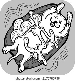 Hot dog food with real funny dog, ketchup and mayonnaise and mustard. Dachshund laying on bread with souses.  Best party meal and junk snack to go. Hand drawn cartoon comic style vector illustration. 