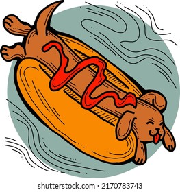 Hot dog food with real funny dog, ketchup and mayonnaise and mustard. Dachshund laying on bread with souses.  Best party meal and junk snack to go. Hand drawn cartoon comic style vector illustration. 