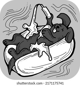 Hot dog food with real funny dog, ketchup and mayonnaise and mustard. Dachshund laying on bread with souses.  Best party meal and junk snack to go. Hand drawn cartoon comic style vector illustration. 