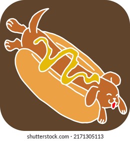 Hot dog food with real funny dog, ketchup and mayonnaise and mustard. Dachshund laying on bread with souses.  Best party meal and junk snack to go. Hand drawn cartoon comic style illustration. 