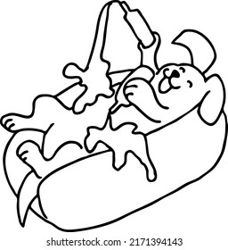 Hot dog food with real funny dog, ketchup and mayonnaise and mustard. Dachshund laying on bread with souses.  Best party meal and junk snack to go. Hand drawn cartoon comic style vector illustration. 