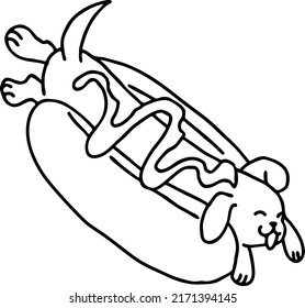 Hot dog food with real funny dog, ketchup and mayonnaise and mustard. Dachshund laying on bread with souses.  Best party meal and junk snack to go. Hand drawn cartoon comic style vector illustration. 