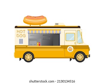 Hot dog food truck isolated on white background. Amusement park street food market. Flat vector illustration.