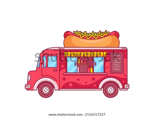 Hot Dog Food Truck, Isolated Catering Van\
With Chalkboard Menu and Equipment for Cooking Hotdogs. Car for\
Street Food Selling, Cafe Wagon on Wheels With Canopy. Cartoon\
Linear Vector Illustration