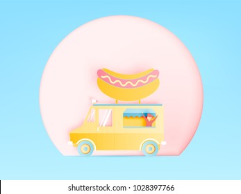 Hot dog food truck in paper art digital craft style and pastel color scheme vector illustration