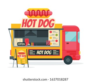 Hot Dog Food Truck, Street Meal Vehicle, Fast Food Delivery Vector Illustration