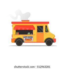 Hot dog Food Truck. Street food van. Flat design vector illustration. Street Food Truck. Isolated on white background. Vector illustration