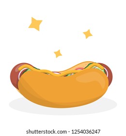 Hot dog food. Unhealthy fastfood with ketchup, bun and sausage. Isolated vector flat illustration