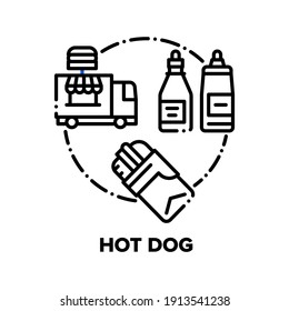 Hot Dog Food Vector Icon Concept. Hot Dog Fast And Street Nutrition Spiced With Flavor Sauces Ketchup, Mayonnaise And Mustard. Truck For Cooking Delicious Meat And Vegetable Dish Black Illustration
