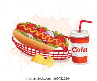 Hot dog food vector illustration in a basket with chips and cold drink glass