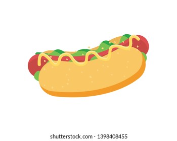 Hot dog food vector, isolated snack made of sausage and vegetables, veggies and bun, junk dish flat style, grilled banger, unhealthy meal cooked lunch