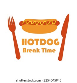 Hot dog with fork and knife on isolated white background. Fast food. Emblem, badge, logotype. Breakfast time. Flat illustration. Vector