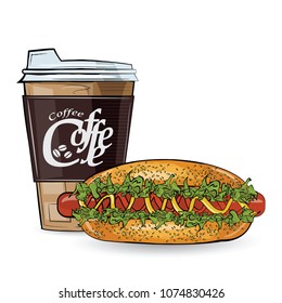 Hot dog, free and coffee in sketch style on the white background. Vector illustration.