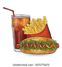 Hot dog, free and drink in sketch style on the white background. Vector illustration.