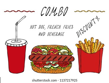 Hot Dog, French Fries in a Box and Paper Cup of Cola Combo Discount. Advertisement Street Fast Food Menu. Hand Drawn High Quality Clean Vector Realistic Illustration. Doodle Style.