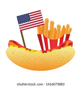Hot dog and french fries with the flag of United States. American fast food - Vector